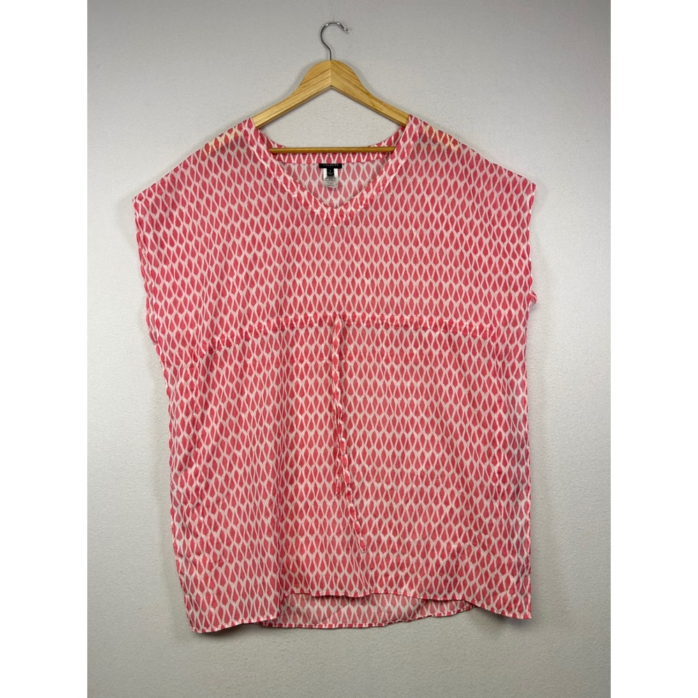 Preppy Talbots Womens Small Pink Geometric V-Neck Drawstring Waist Tunic Blouse